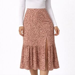 Nine West Pink Zebra Print Midi Skirt Size Small | Tiered Ruffle Slit Boho